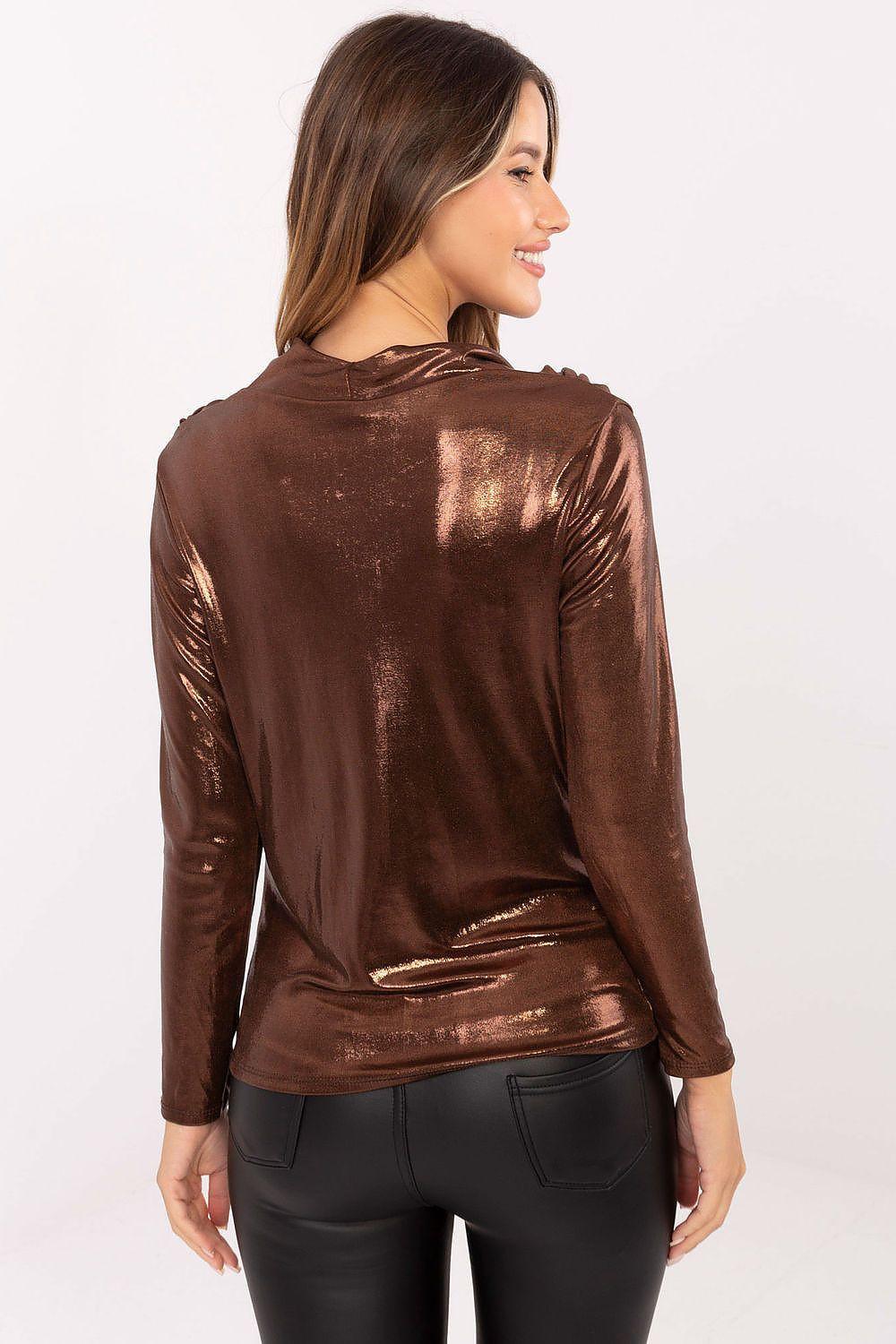 Metallic brown blouse with cowl neckline and long sleeves, back view