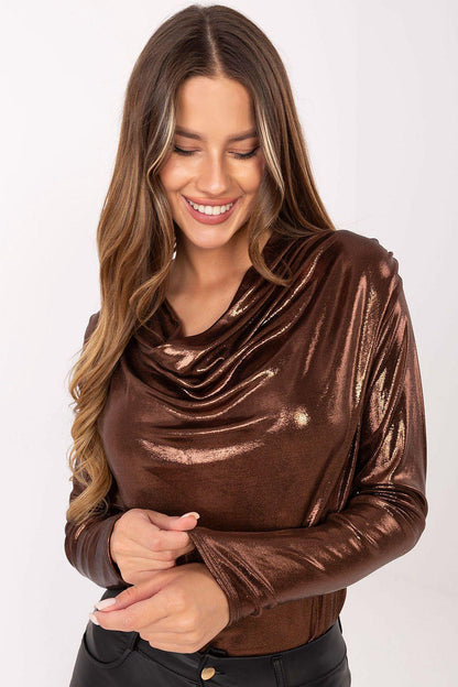 Metallic brown blouse with draped cowl neckline and long sleeves