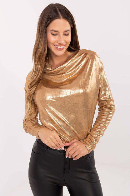 Metallic gold blouse with cowl neckline and long sleeves, draped front