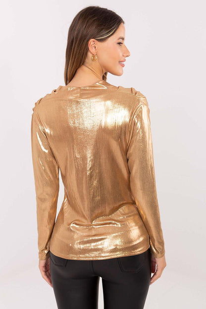 Metallic bronze blouse with long sleeves and high neckline, back view.