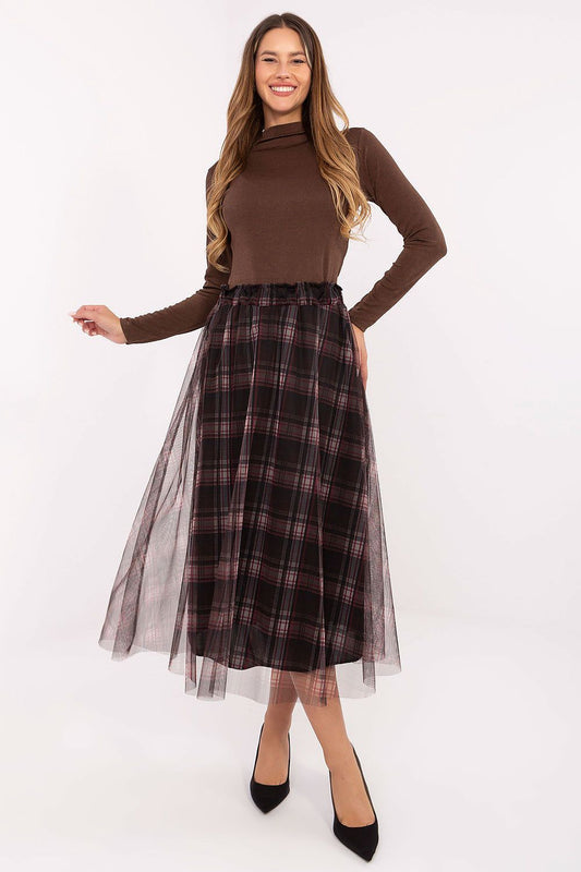 Flared tulle skirt with black plaid check pattern and sheer overlay
