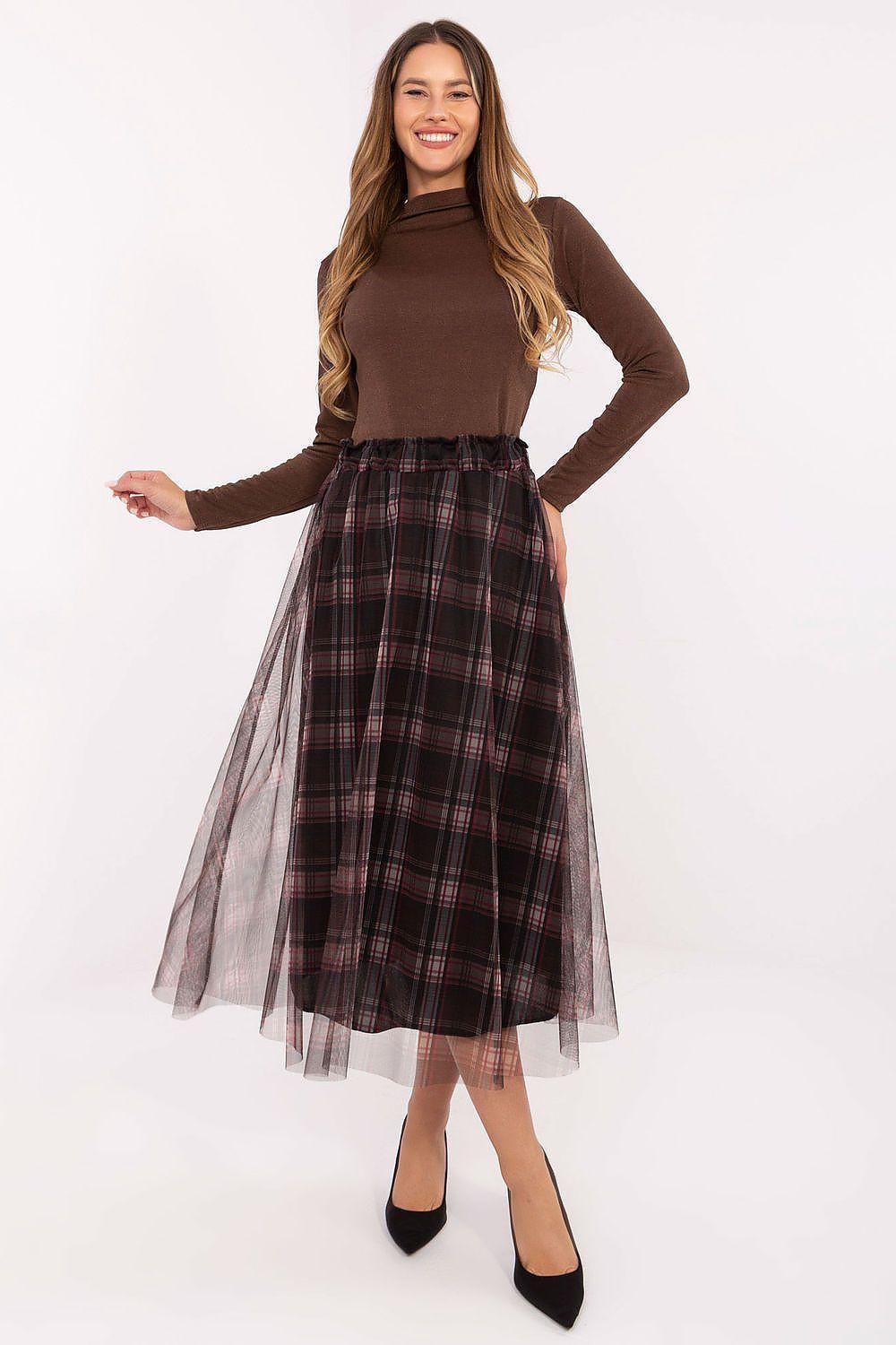 Plaid tulle midi skirt with sheer overlay and elastic waistband, dark brown