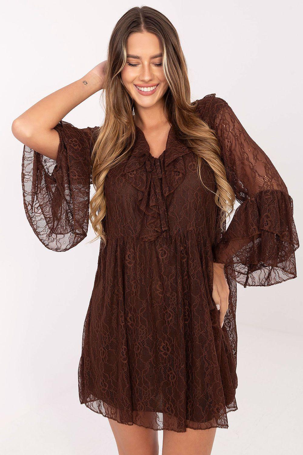 Brown lace evening dress with V neckline and long ruffled sleeves