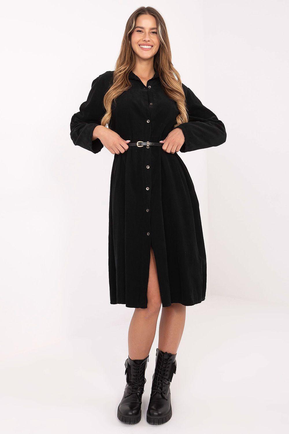 Black belted midi cotton daydress with button front, collar, long sleeves, side slit