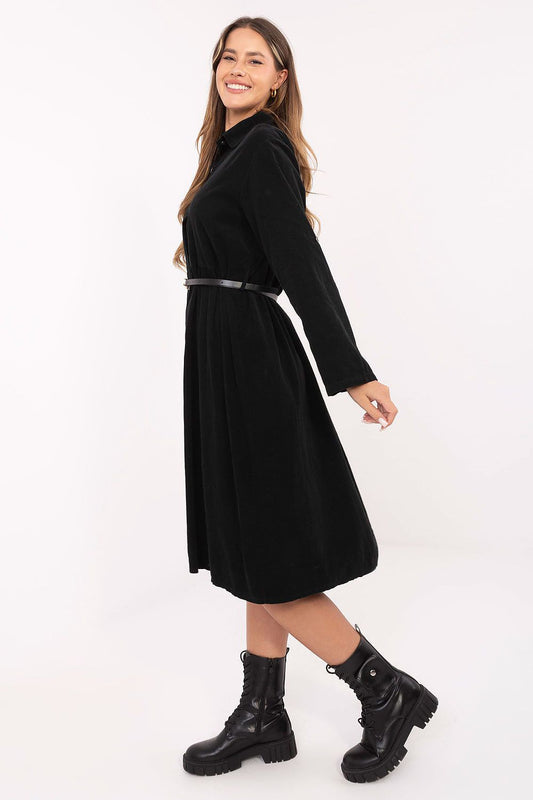 Black belted flared cotton daydress, long sleeves and button-front midi length