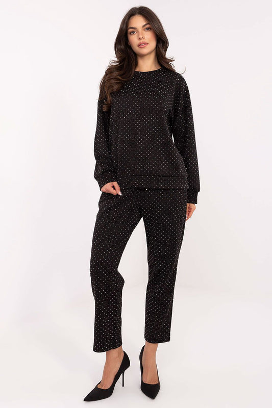 Black rhinestone tracksuit set: long-sleeve top and cropped pants for women