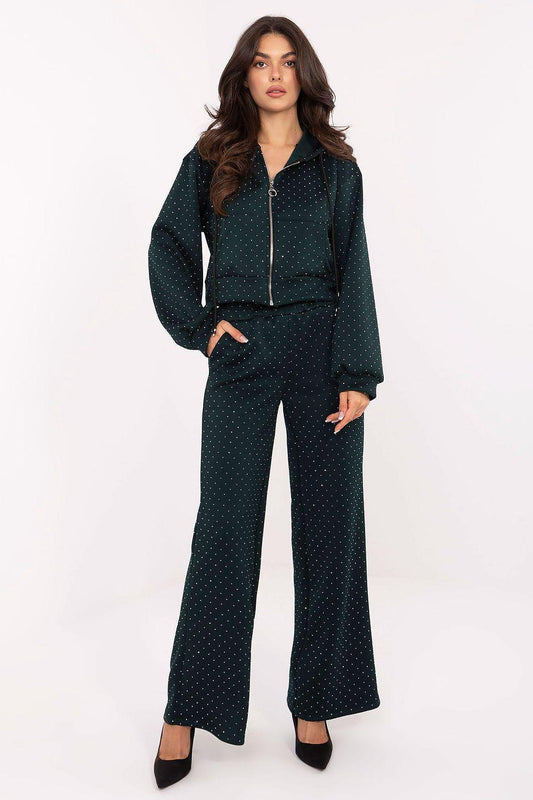 Two-piece hooded pants set in dark green with tiny allover print, zip front jacket