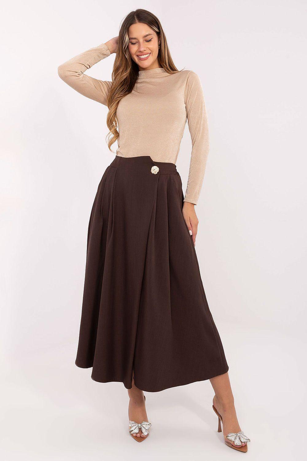 Dark brown midi pleated skirt with buttoned waistband and side pockets