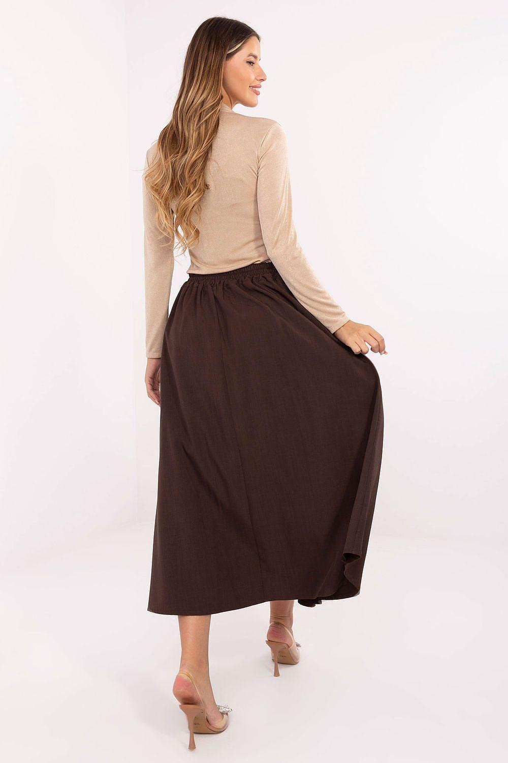 Dark brown midi skirt with buttoned waistband and soft draped pleats