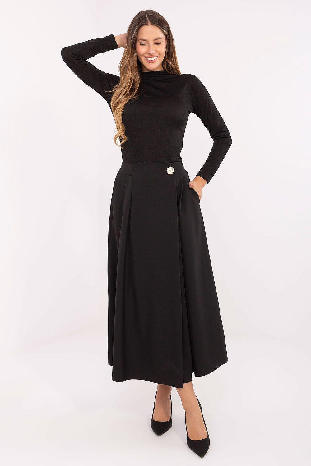 Black midi pleated skirt with buttoned waistband and front placket detail
