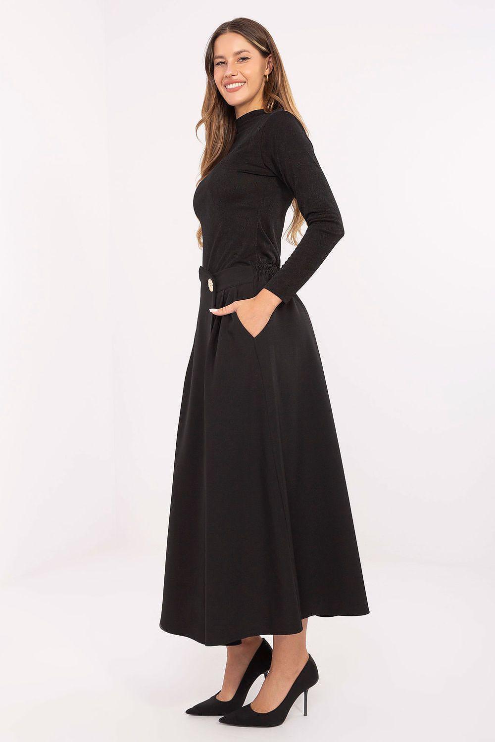Black midi pleated skirt with buttoned side opening and structured waistband