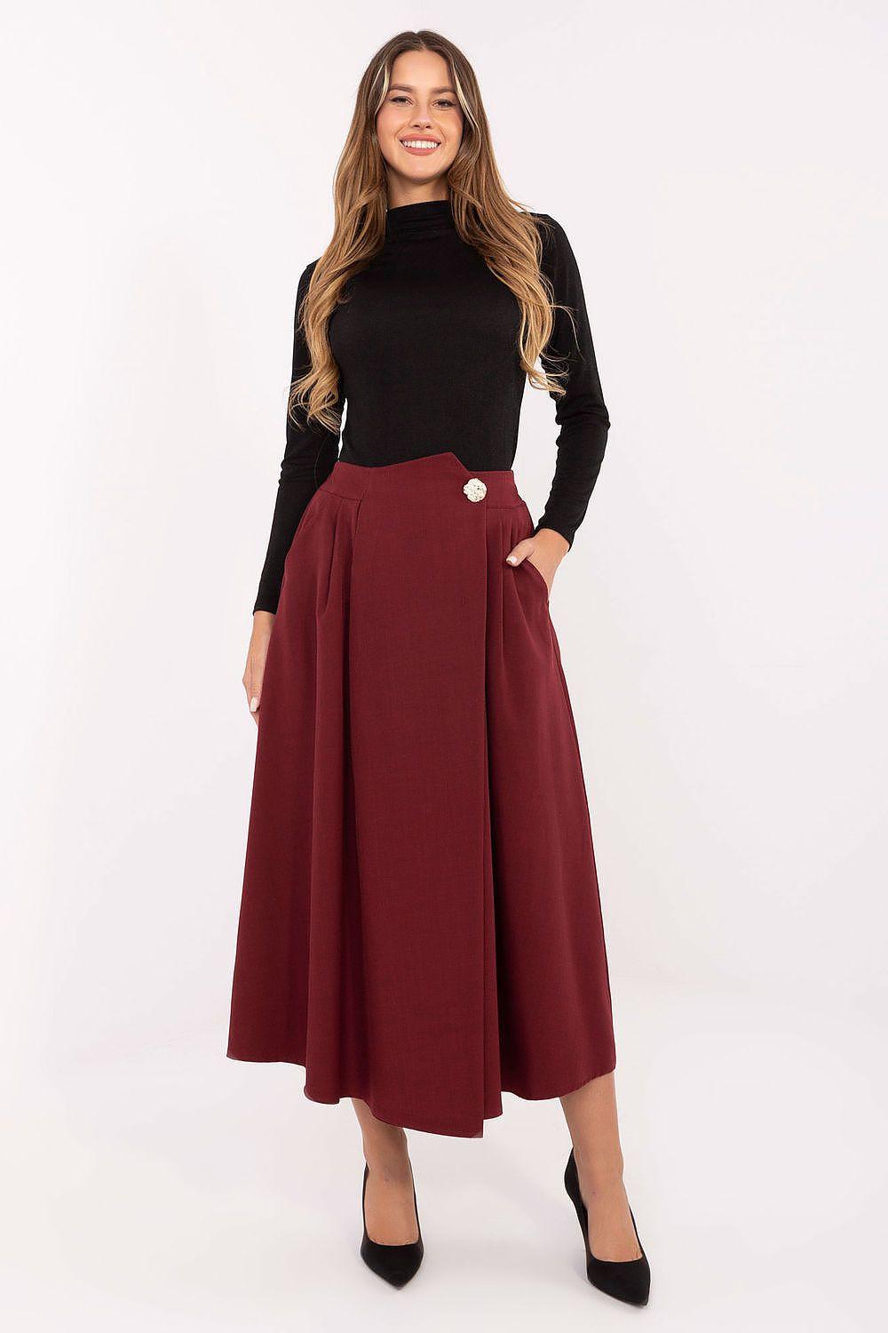Burgundy midi pleated skirt with buttoned waistband and front crease lines