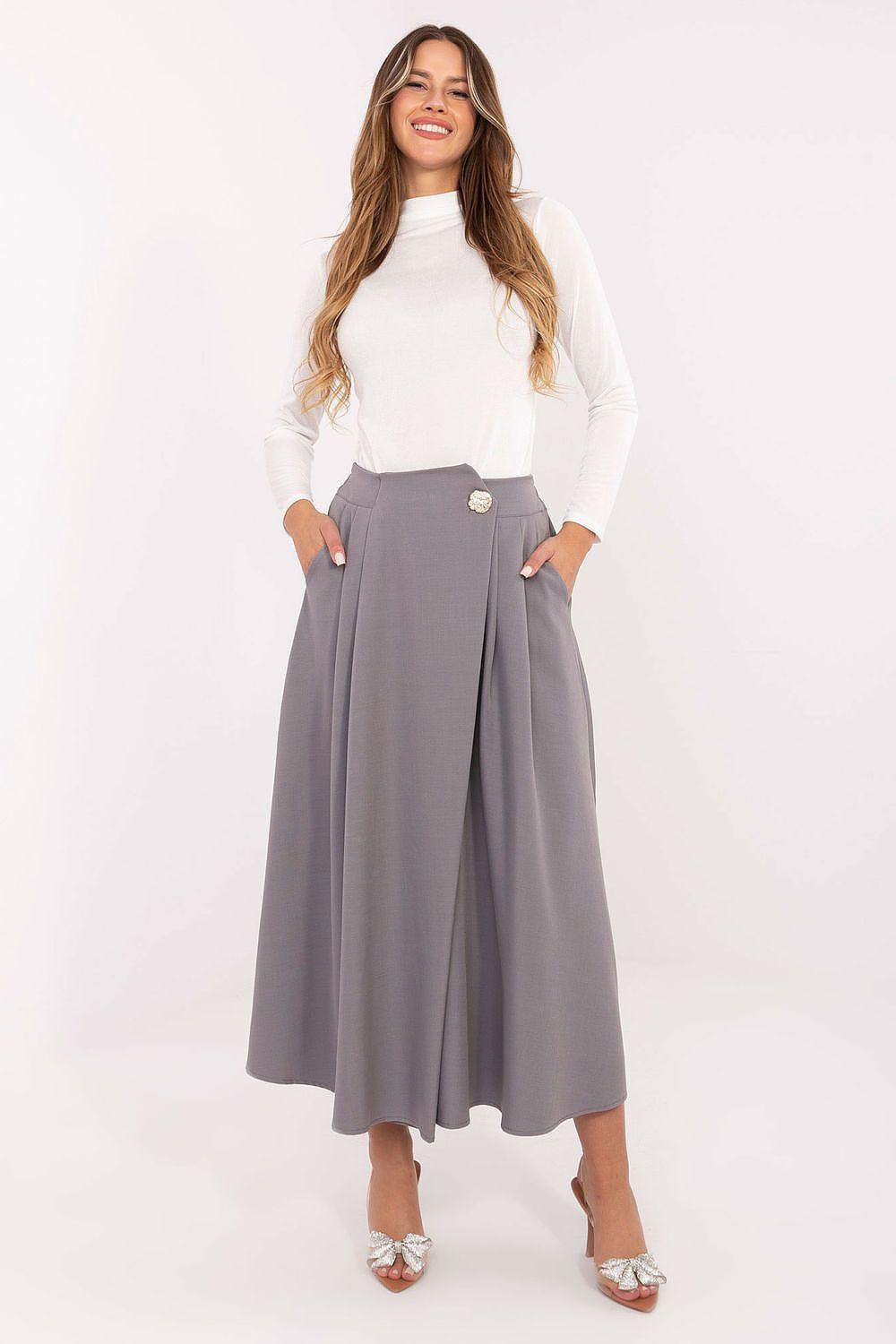 Grey midi skirt with box pleats and buttoned front waistband