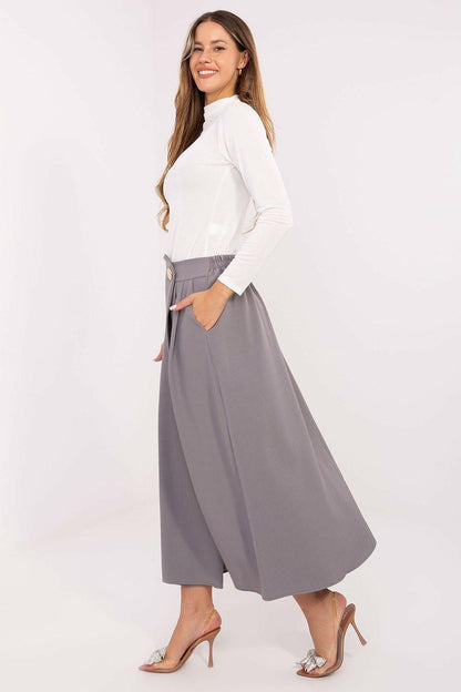 Grey midi skirt with draped panels and buttoned waistband