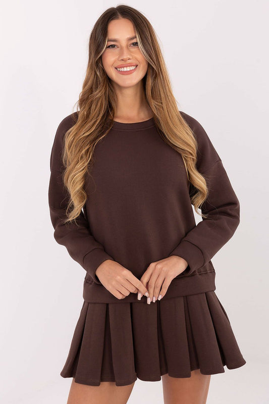 Brown pleated daydress with long sleeves and sweatshirt bodice