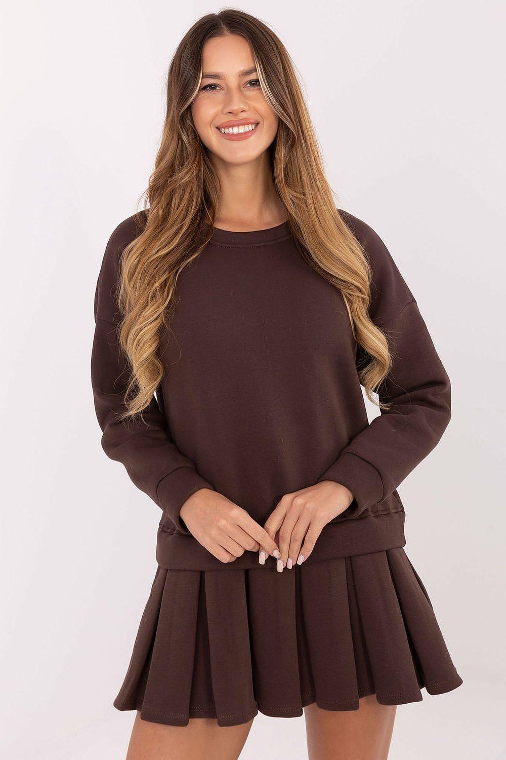 Dark brown daydress with long sleeves, crew neck, and pleated tiered skirt