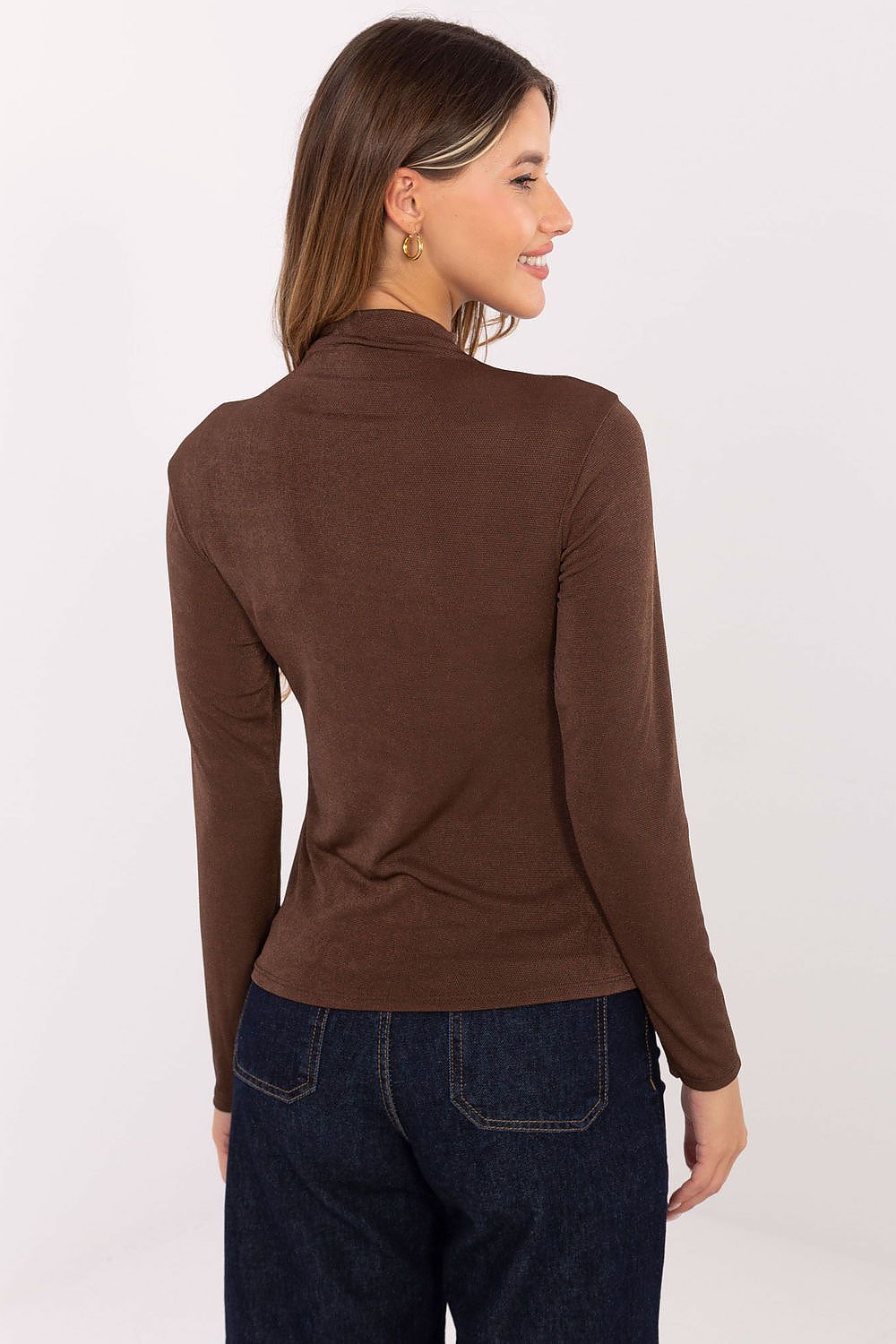Brown long-sleeve turtleneck blouse, back view