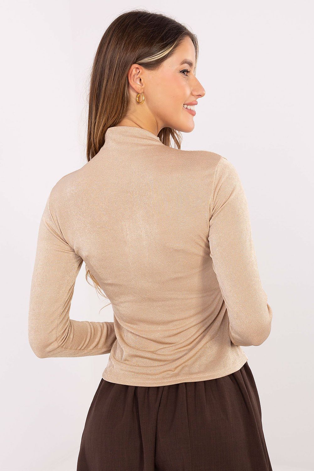 Beige long-sleeve turtleneck blouse, back view