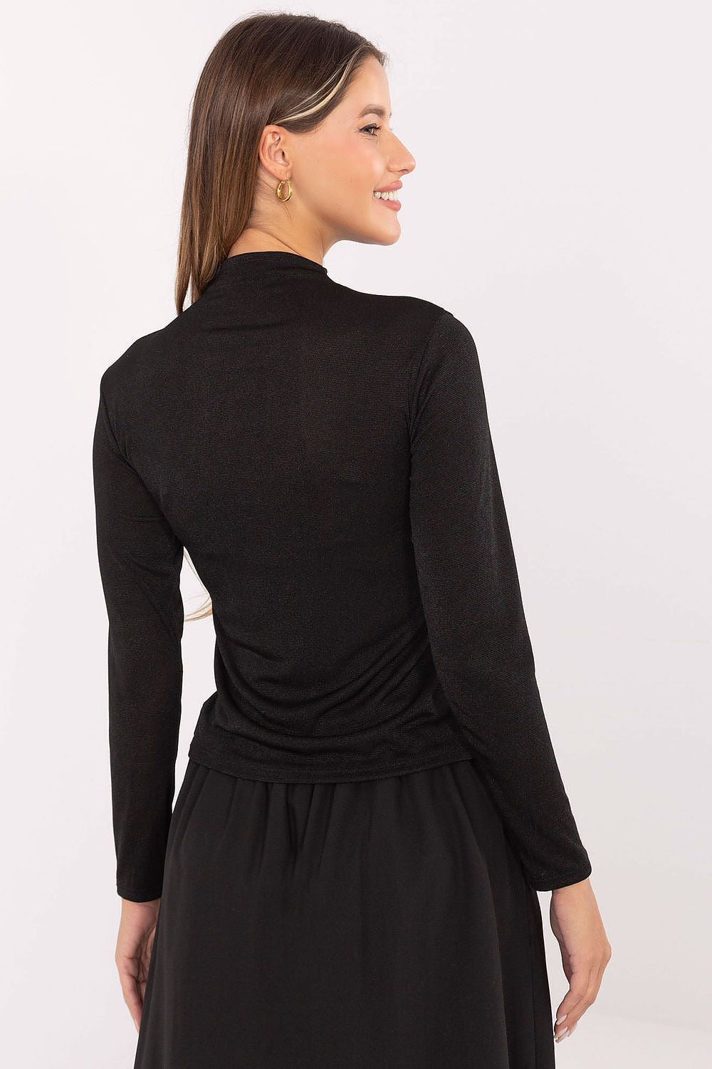 Black long-sleeve turtleneck blouse, back view