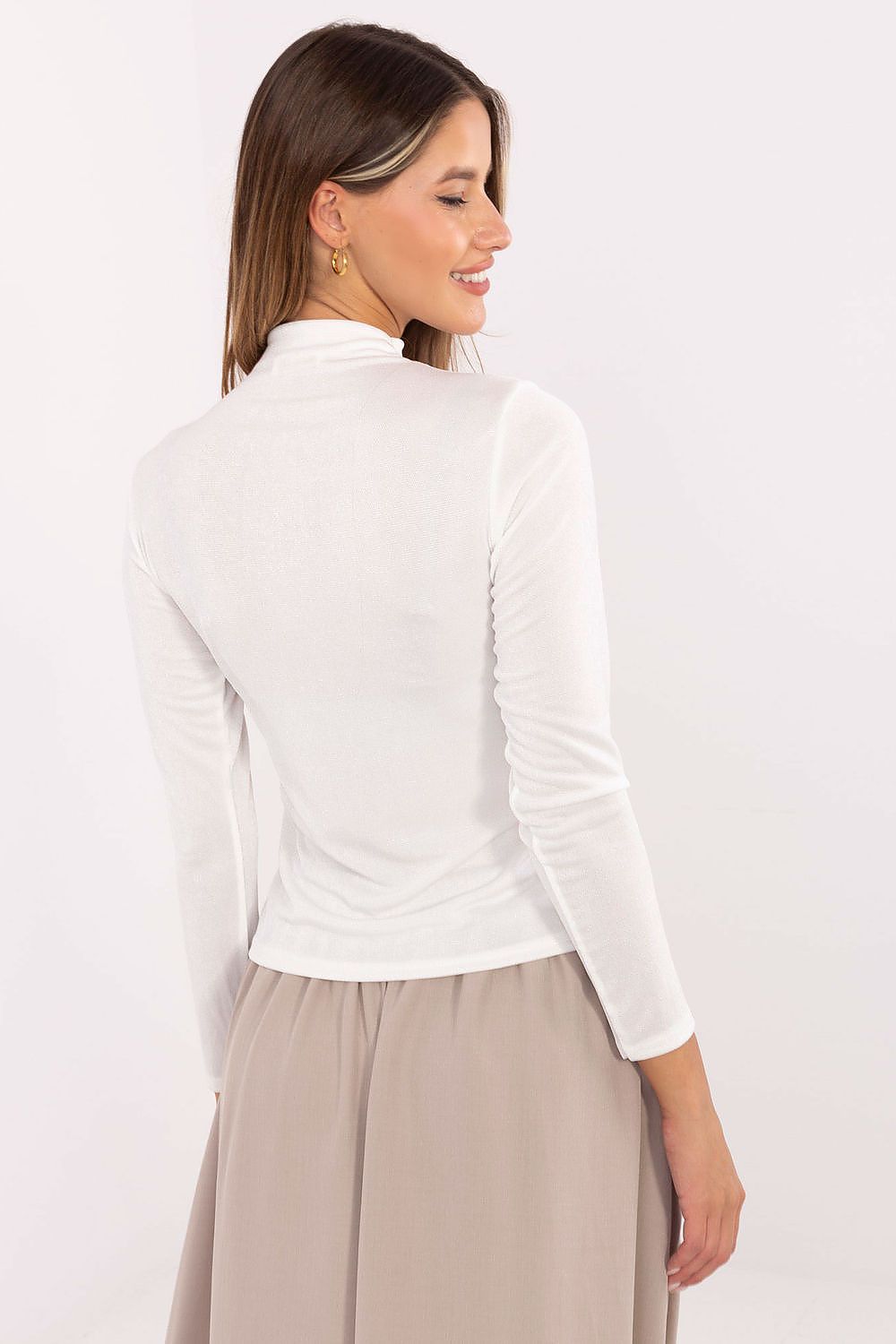 White fitted turtleneck blouse, back view with long sleeves