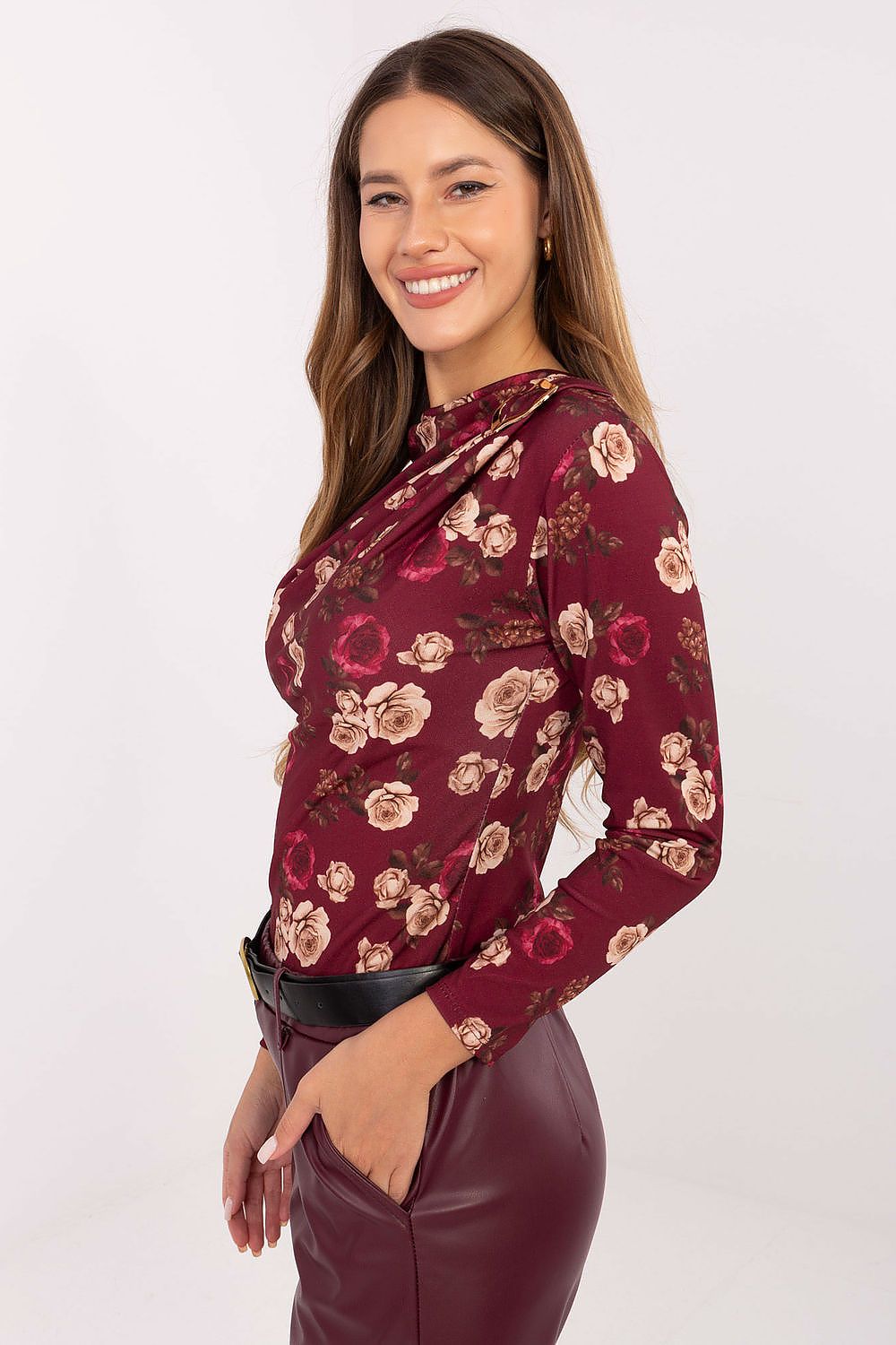 Fitted long-sleeve floral blouse, maroon with cream and pink rose print, side view