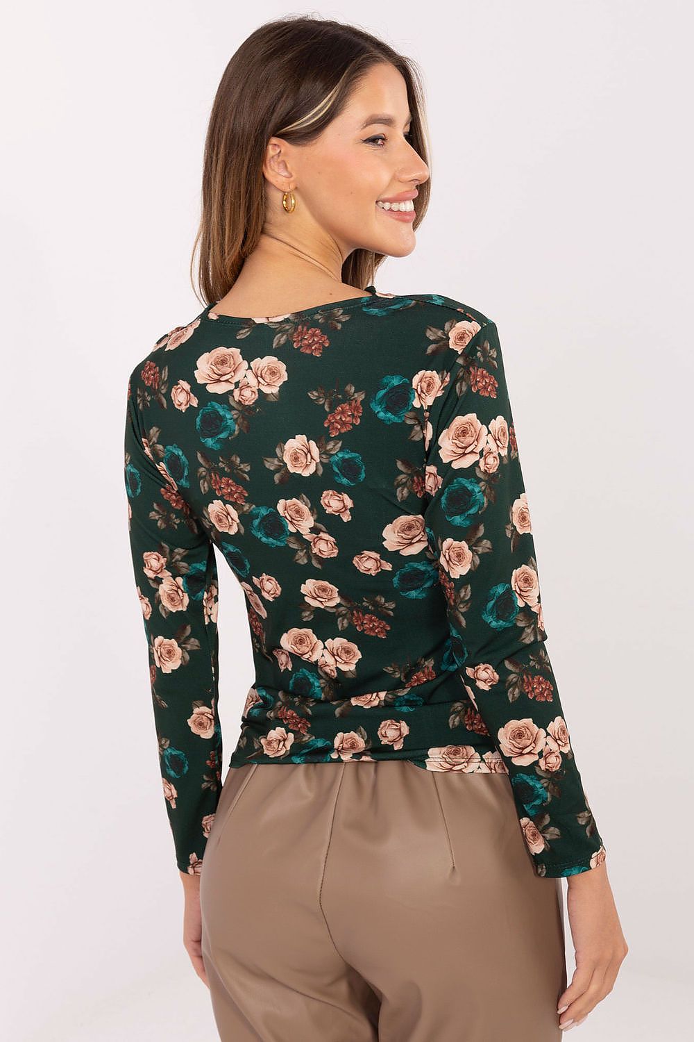 Back view of fitted long-sleeve floral blouse dark green rose print