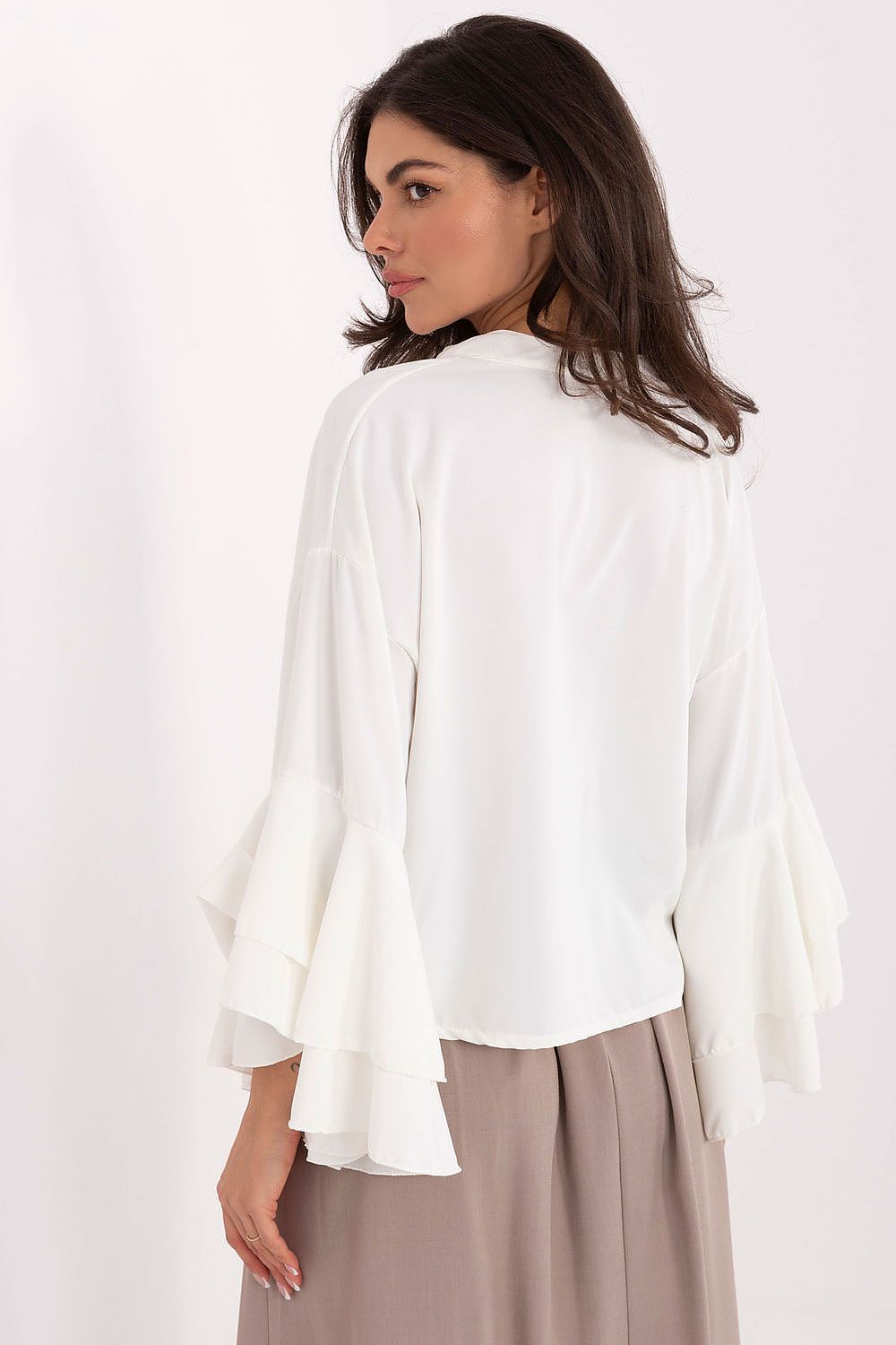 Long sleeve ruffle shirt, white back view with tiered sleeve layers