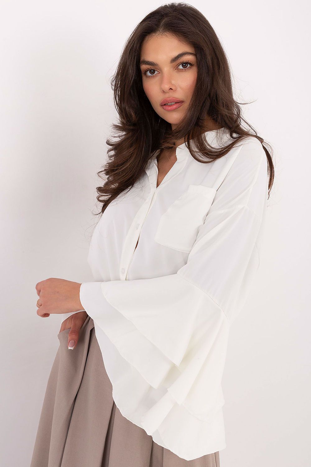 Long sleeve ruffle shirt with button front and pocket, white draped ruffle sleeves