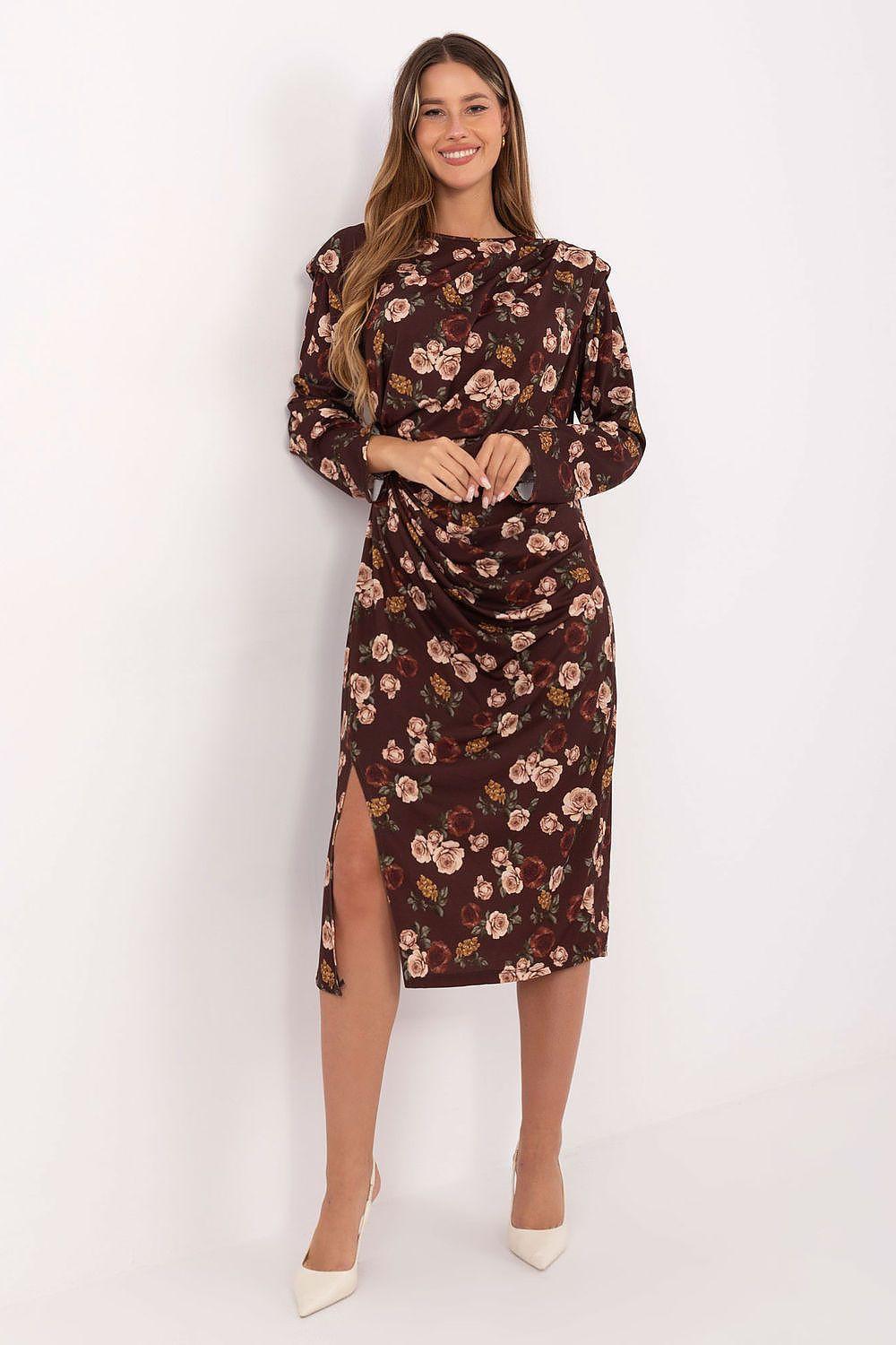 Floral midi daydress, dark maroon with beige blooms, long sleeves, side slit