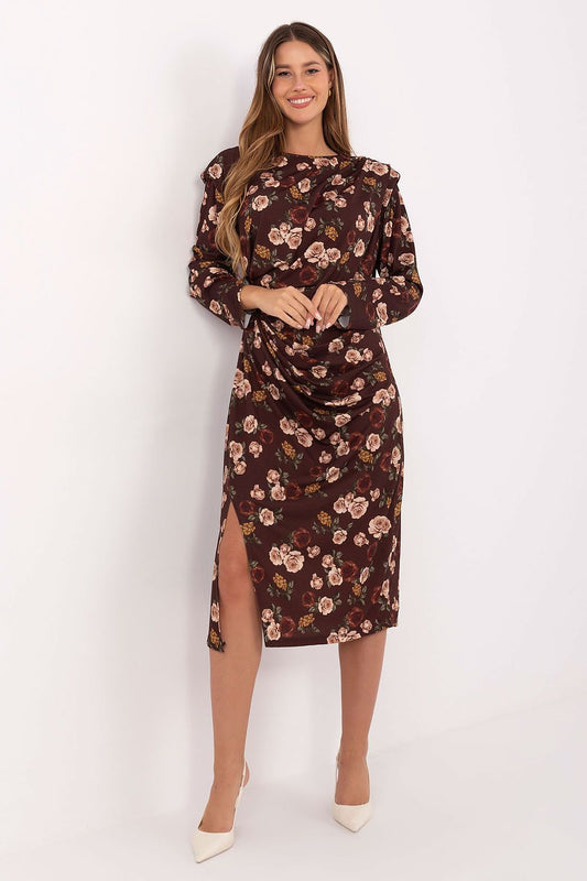 Dark floral midi daydress with long sleeves, round neckline, and side slit