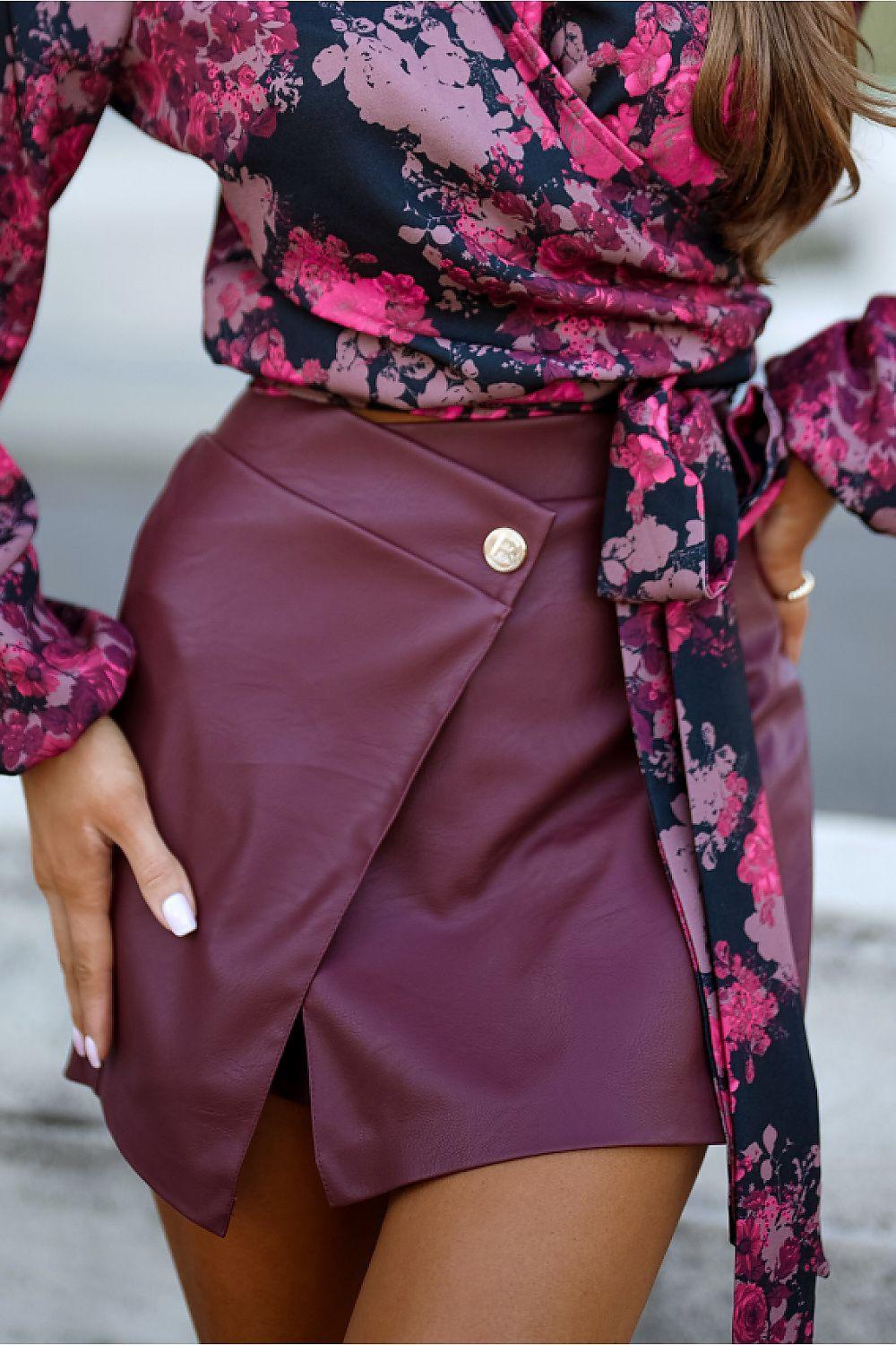 Burgundy skort with wrap-style front and gold button detail