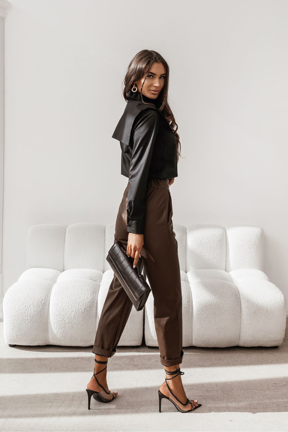 Long sleeve button-up shirt with collar, black, side view