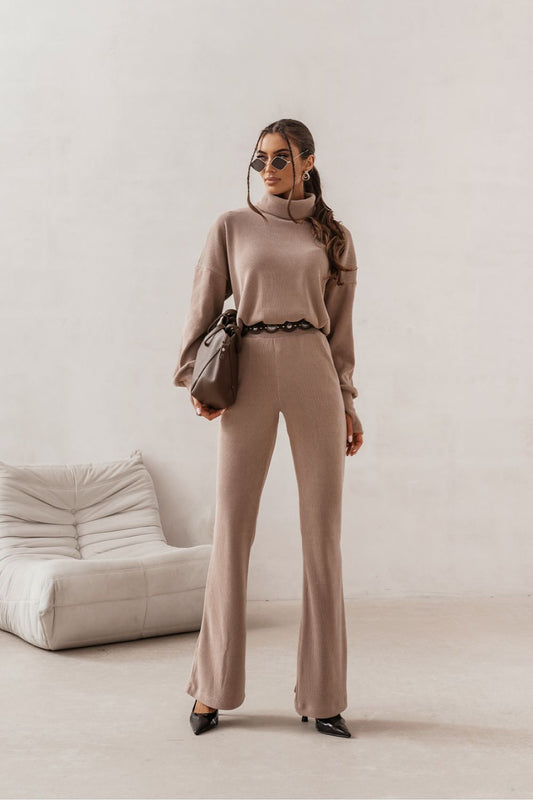 Beige belted turtleneck top and wide-leg trousers two-piece set