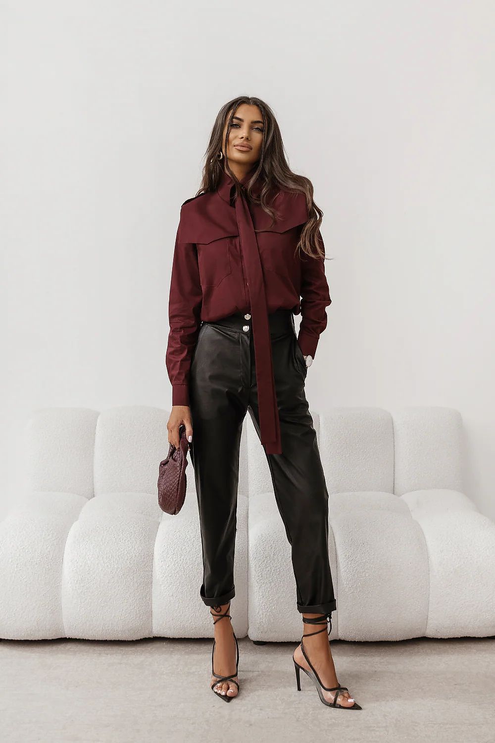 Burgundy long-sleeve button-up shirt with pointed collar and button placket