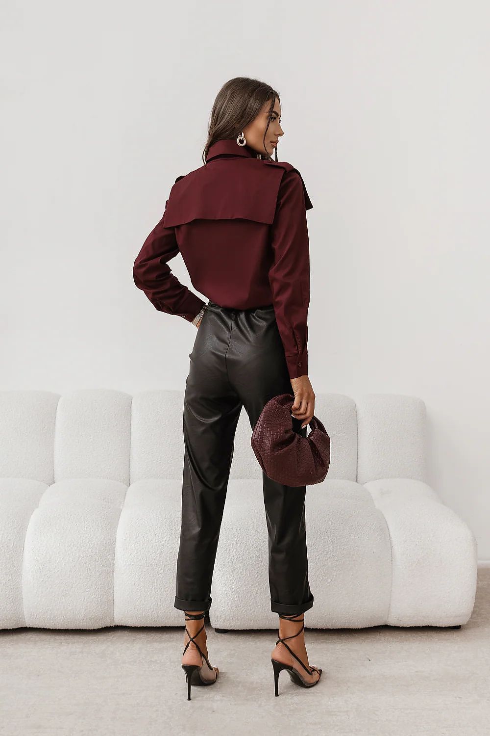 Burgundy long-sleeve button-up shirt with pointed collar and button front (back view)