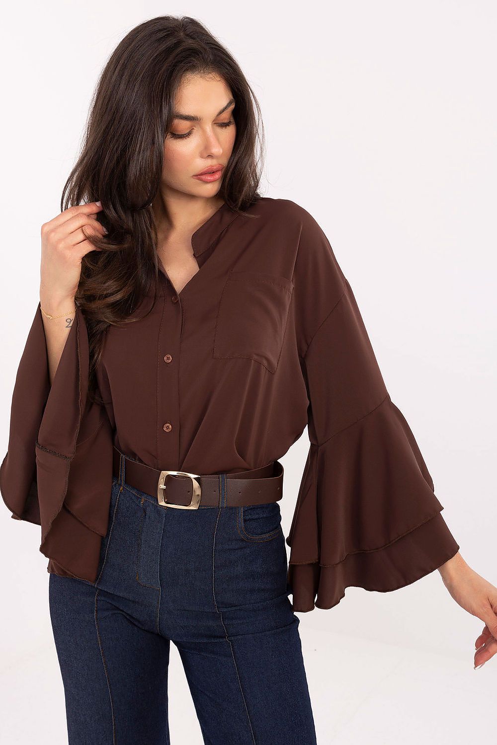 Long sleeve ruffle shirt with button front and pocket, brown with layered bell cuffs
