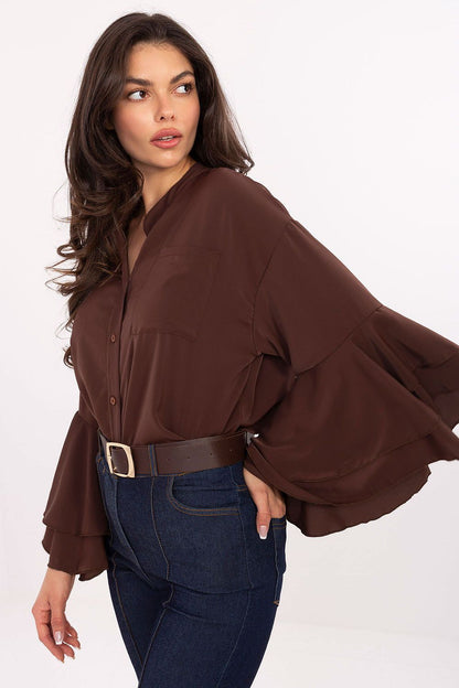 Long sleeve ruffle shirt with button front and pocket, brown with flared tiered sleeves