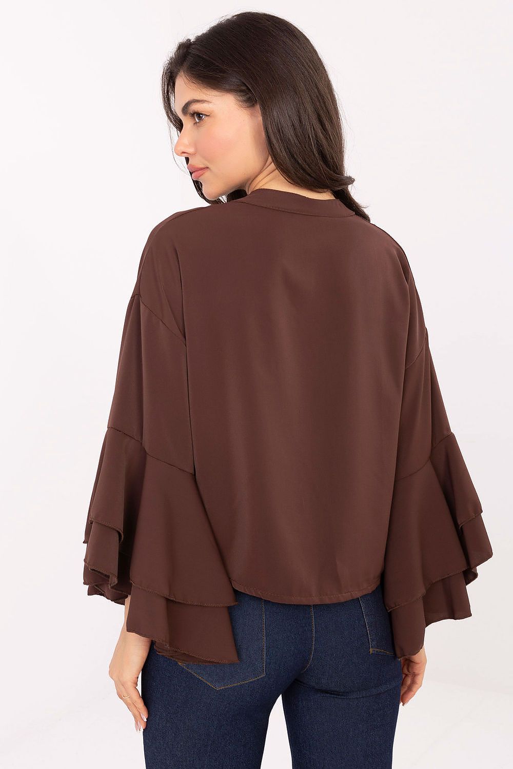 Long sleeve ruffle shirt, brown back view with tiered flared sleeve cuffs