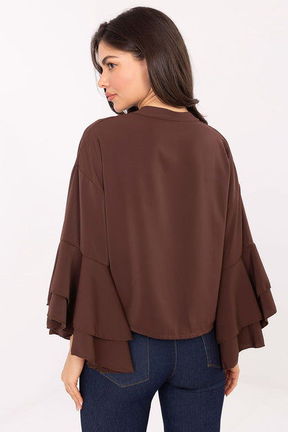 Long sleeve ruffle shirt, brown back view with tiered flared sleeve cuffs