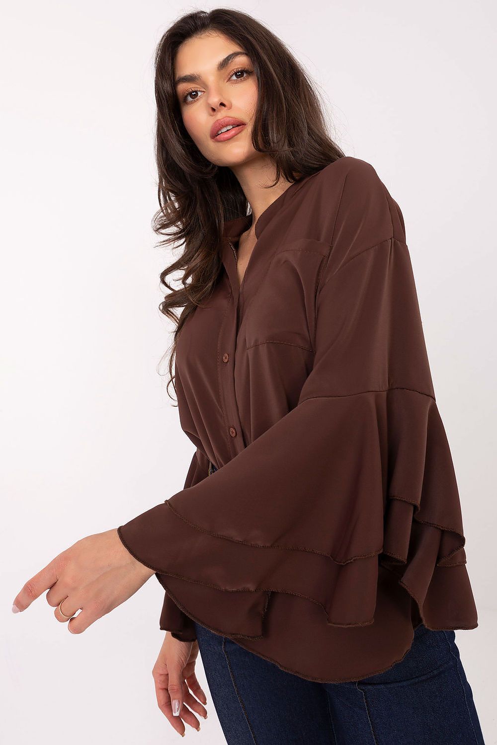 Long sleeve ruffle shirt with button front and pocket, brown with tiered sleeve cuffs