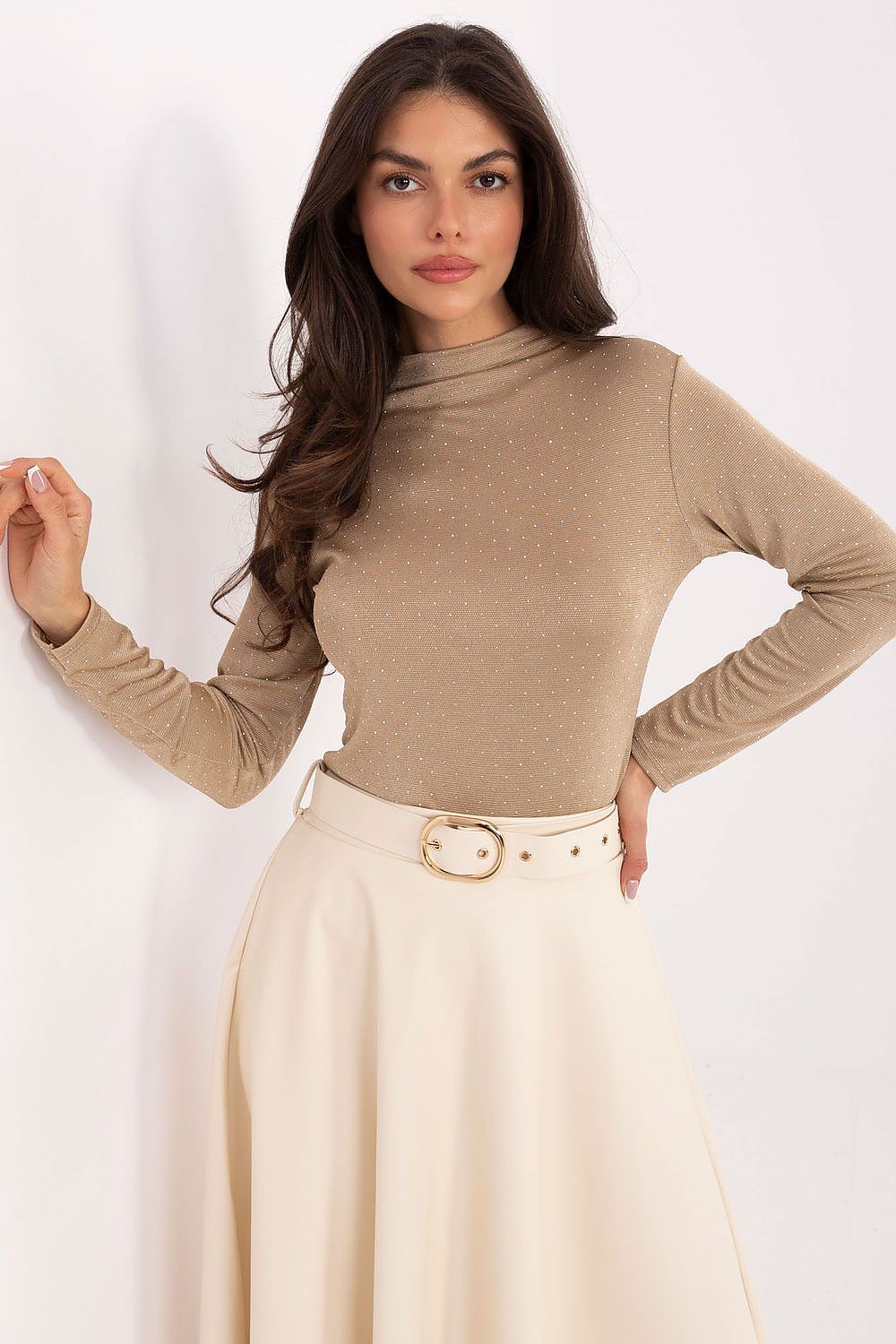 Beige speckled mock-neck long-sleeve blouse with fitted waist