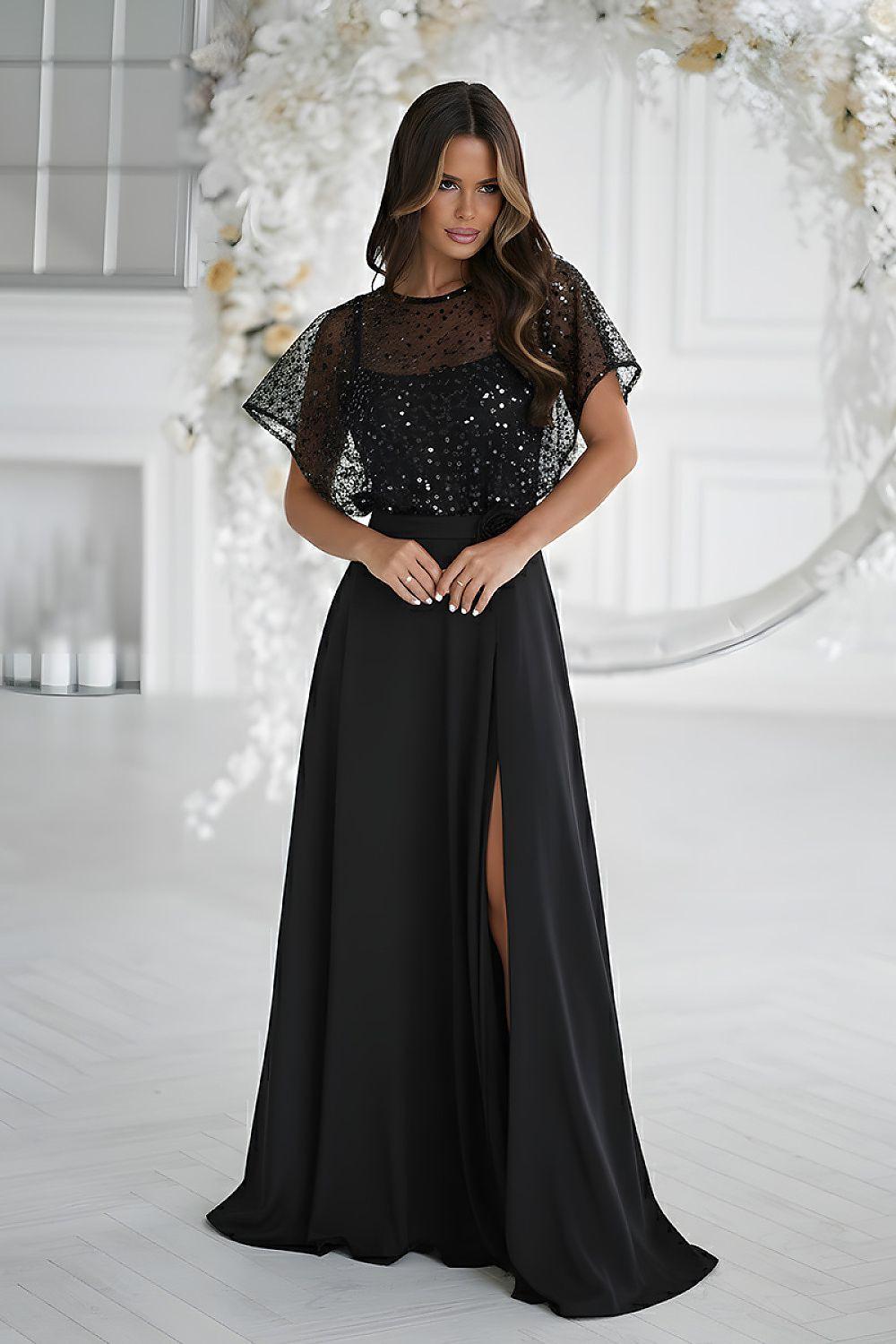 Black long dress with sequined lace yoke and flowing skirt with side slit