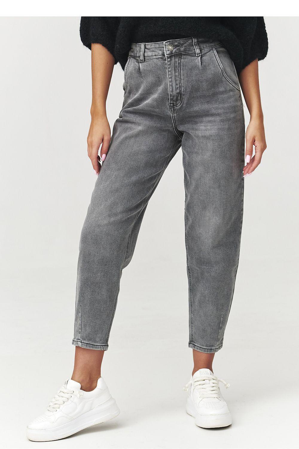 High-waist grey mom-fit jeans, cuffed ankle style with belt loops and pockets