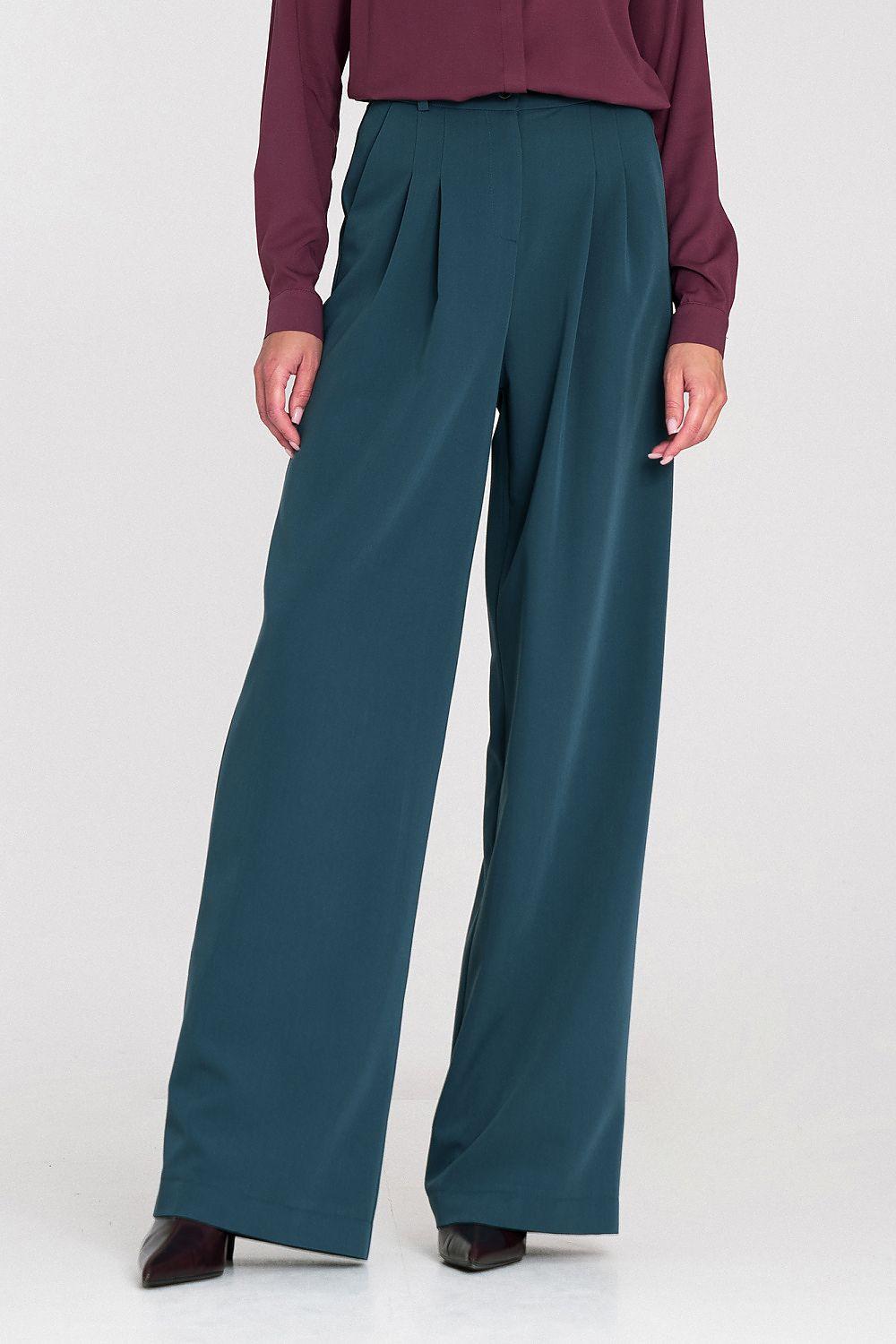 High-waisted wide-leg trousers in teal blue, front crease, side pockets