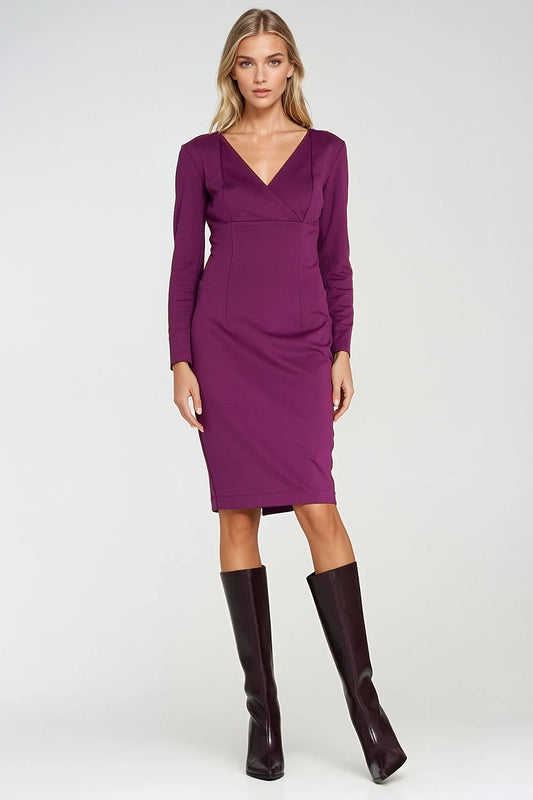 V-neck fitted knit midi dress, long sleeves, violet front drape