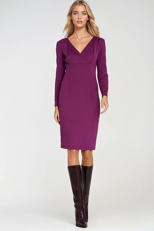 V-neck fitted knit midi dress, long sleeves, violet front view