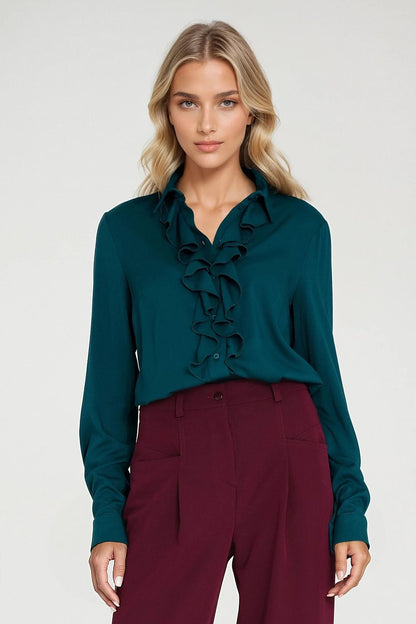 Teal long-sleeve shirt with ruffle jabot front and button collar