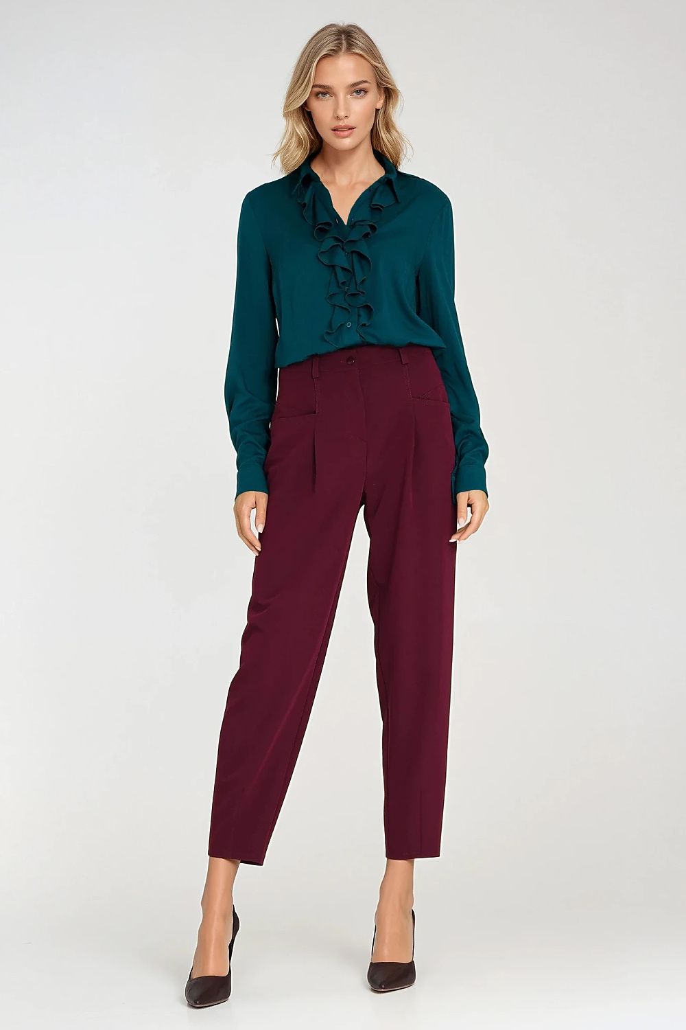 Teal long-sleeve shirt with ruffle jabot front and button placket