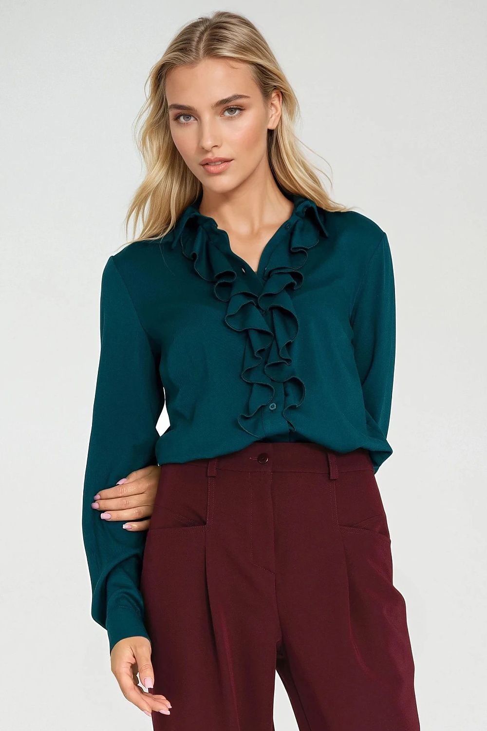 Teal long-sleeve shirt with layered ruffle jabot neckline