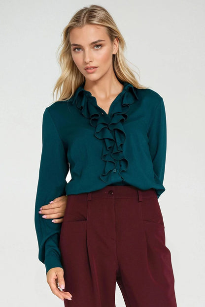 Teal long-sleeve shirt with layered ruffle jabot neckline